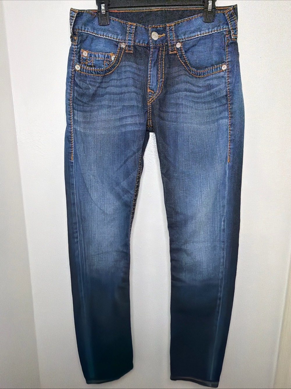 Vtg Men’s True Religion Section Skinny Big T Jeans Thick Orange Stitching Sz 31